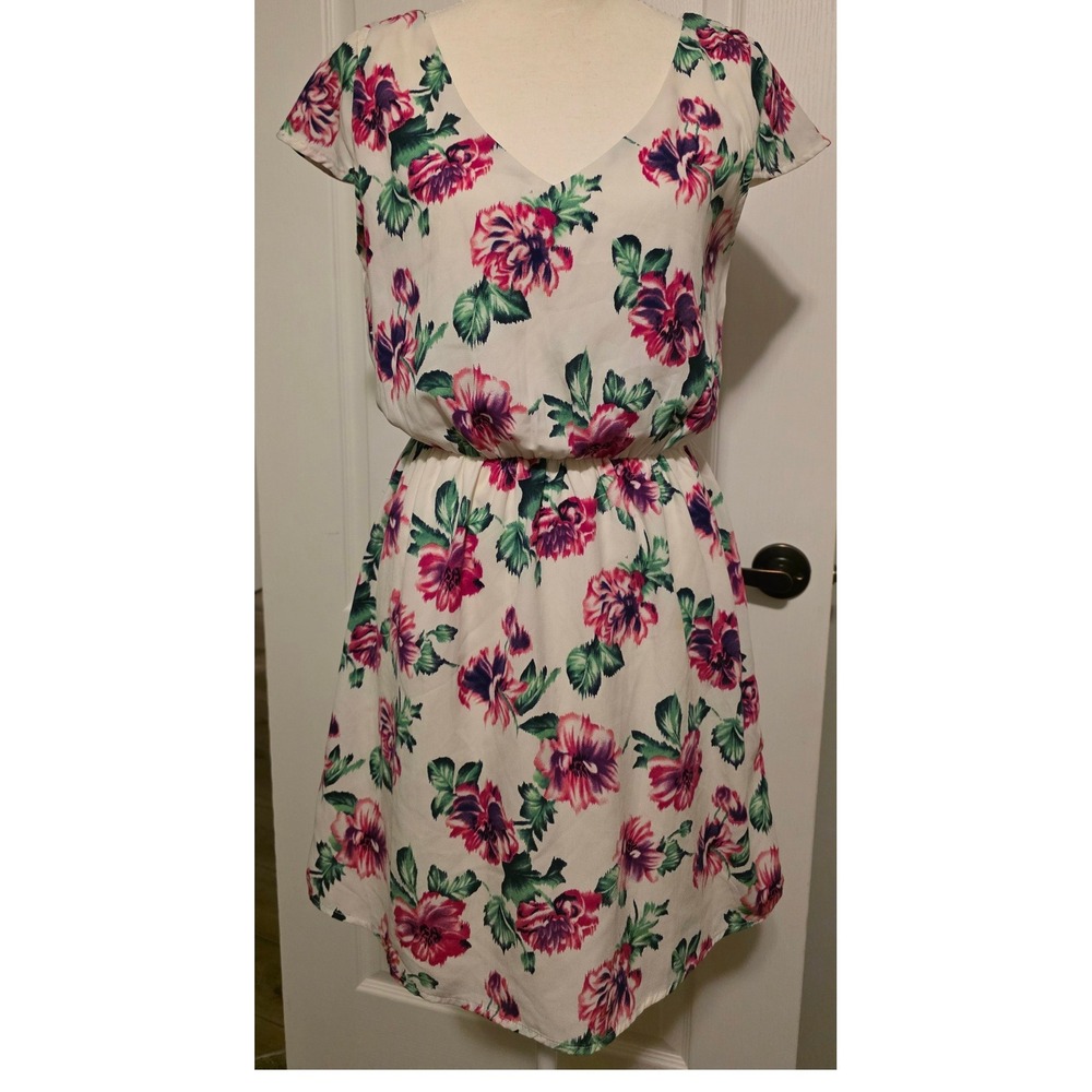 Wish Womens S Floral Mini Dress Cream Pink V-Neck Open Back Crochet Trim Summer